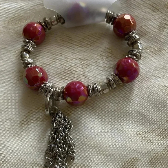 Pink and Metallic Beads Charm Stretch Bracelet - Picture 1 of 6